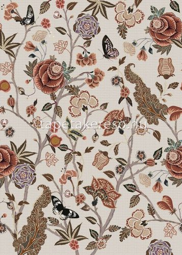 Behang Expresse Floral Utopia vlies anyagú barna, beige, fekete, zöld színű pillangós, virágos romantikus tapéta