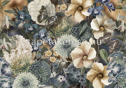 Behang Expresse Floral Utopia vlies anyagú zöld, türkiz, barna, törtfehér, kék színű pillangós, virágos romantikus tapéta