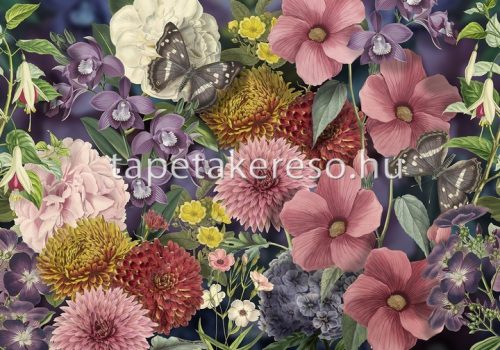 Behang Expresse Floral Utopia vlies anyagú rózsaszín, lila, zöld, sárga színű pillangós, virágos romantikus tapéta