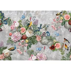   Behang Expresse Floral Utopia vlies anyagú szürke, zöld, kék, rózsaszín, sárga színű madaras, virágos romantikus tapéta