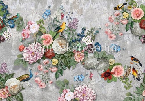 Behang Expresse Floral Utopia vlies anyagú szürke, zöld, kék, rózsaszín, sárga színű madaras, virágos romantikus tapéta