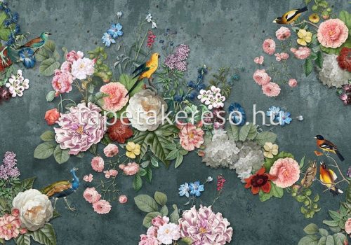 Behang Expresse Floral Utopia vlies anyagú zöld, rózsaszín, kék, sárga, fehér színű madaras, virágos romantikus tapéta
