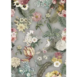   Behang Expresse Floral Utopia vlies anyagú szürke, zöld, fehér, rózsaszín, sárga színű madaras, virágos romantikus tapéta