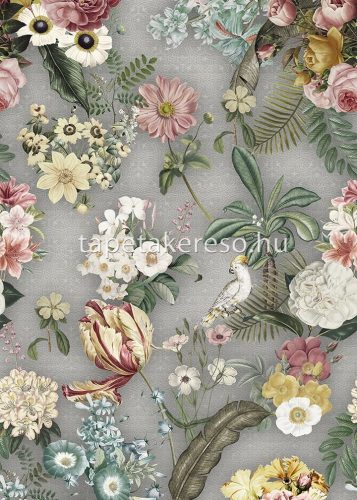 Behang Expresse Floral Utopia vlies anyagú szürke, zöld, fehér, rózsaszín, sárga színű madaras, virágos romantikus tapéta