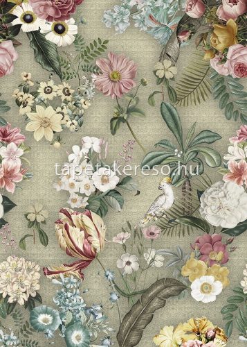 Behang Expresse Floral Utopia vlies anyagú zöld, fehér, sárga, rózsaszín színű madaras, virágos romantikus tapéta