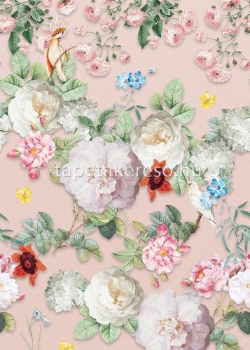 Behang Expresse Floral Utopia vlies anyagú rózsaszín, fehér, zöld, sárga színű madaras, virágos romantikus tapéta