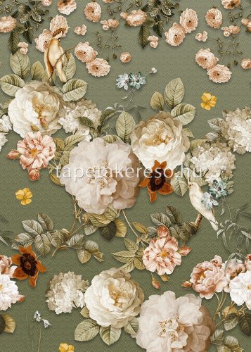 Behang Expresse Floral Utopia vlies anyagú zöld, fehér, barack színű madaras, virágos romantikus tapéta