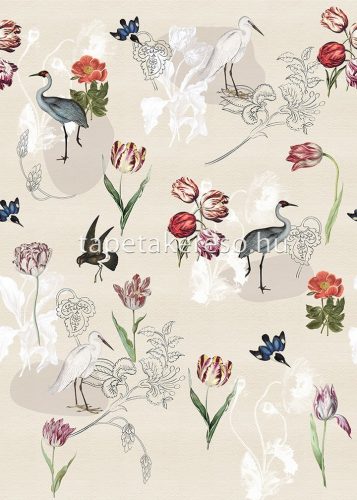 Behang Expresse Floral Utopia vlies anyagú beige, szürke, kék, piros, mályva színű madaras, virágos romantikus tapéta