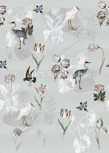 Behang Expresse Floral Utopia vlies anyagú kék, szürke, barna színű madaras, virágos romantikus tapéta