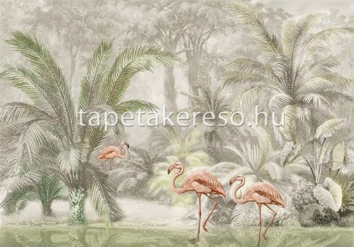 Behang Expresse Floral Utopia vlies anyagú szürke, zöld, barack színű növényes, madaras romantikus tapéta