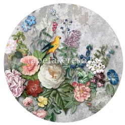   Behang Expresse Floral Utopia vlies anyagú szürke, zöld, kék, rózsaszín, sárga színű madaras, virágos romantikus tapéta