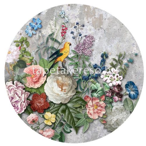 Behang Expresse Floral Utopia vlies anyagú szürke, zöld, kék, rózsaszín, sárga színű madaras, virágos romantikus tapéta