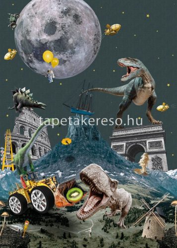 Behang Expresse Olive & Noah vlies anyagú kék, barna, sárga, szürke, zöld színű bolygós, épület, autós, dínós gyerek tapéta