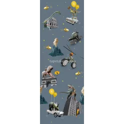   Behang Expresse Olive & Noah vlies anyagú kék, sárga, szürke színű bolygós, épület, autós, dínós gyerek tapéta