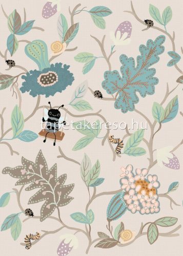 Behang Expresse Olive & Noah vlies anyagú beige, barack, zöld, türkiz színű növényes, rovaros gyerek tapéta