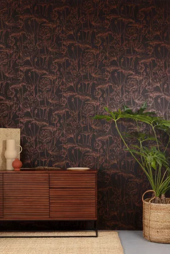Khroma Lotus vlies anyagú fekete, bronz, csillámos színű virágos natural, modern tapéta