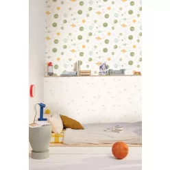  Caselio Les Mini Mondes, vlies anyagú, fehér, barna színű, csillagos, bolygós, Gyerek tapéta