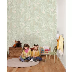   Caselio Les Mini Mondes, vlies anyagú, fehér, beige, türkiz színű, leveles, Gyerek tapéta