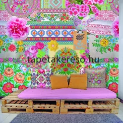   Behang Expresse Happy Living vlies anyagú rózsaszín, piros, kék, sárga, fehér, barna színű virágos, etno retro poszter