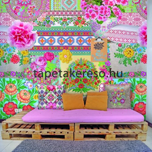 Behang Expresse Happy Living vlies anyagú rózsaszín, piros, kék, sárga, fehér, barna színű virágos, etno retro poszter