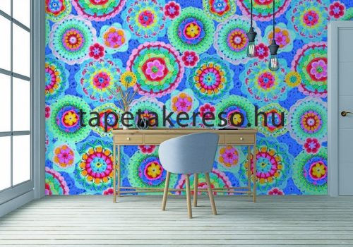 Behang Expresse Happy Living vlies anyagú kék, lila, türkiz, sárga, piros, zöld színű horgolt, mandala retro poszter