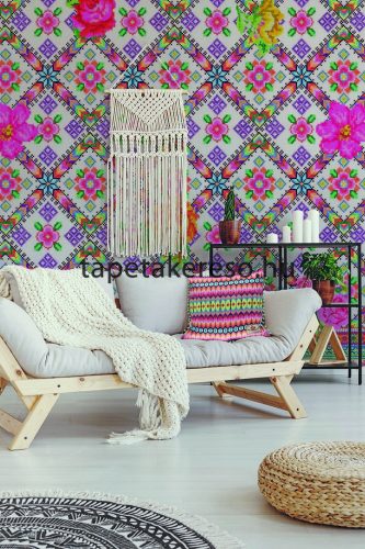 Behang Expresse Happy Living vlies anyagú fehér, sárga, zöld, rózsaszín, lila színű virágos, etno retro poszter