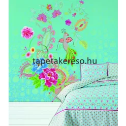   Behang Expresse Happy Living vlies anyagú kék, rózsaszín, sárga, piros, türkiz színű madaras, virágos, etno retro poszter