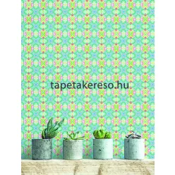   Behang Expresse Happy Living vlies anyagú kék, zöld, türkiz, rózsaszín, fehér színű virágos, etno retro poszter