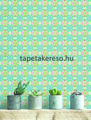 Behang Expresse Happy Living vlies anyagú kék, zöld, türkiz, rózsaszín, fehér színű virágos, etno retro poszter