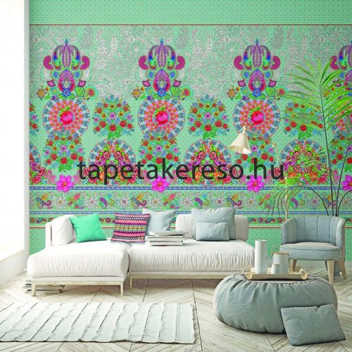 Behang Expresse Happy Living vlies anyagú kék, zöld, türkiz, lila, piros, sárga, barna színű virágos, etno retro poszter