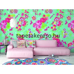   Behang Expresse Happy Living vlies anyagú kék, türkiz, zöld, rózsaszín, piros, sárga színű virágos, etno retro poszter