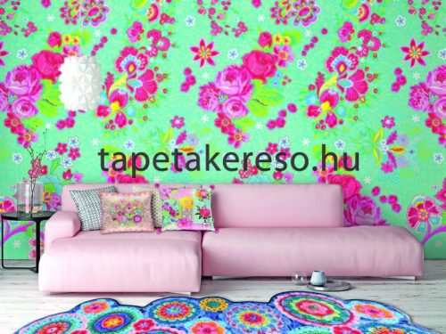 Behang Expresse Happy Living vlies anyagú kék, türkiz, zöld, rózsaszín, piros, sárga színű virágos, etno retro poszter