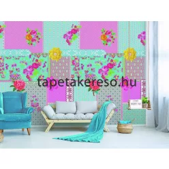   Behang Expresse Happy Living vlies anyagú kék, türkiz, zöld, rózsaszín, piros, sárga, barna színű virágos, etno retro poszter