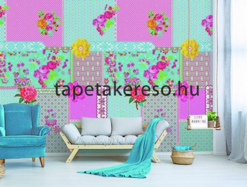Behang Expresse Happy Living vlies anyagú kék, türkiz, zöld, rózsaszín, piros, sárga, barna színű virágos, etno retro poszter