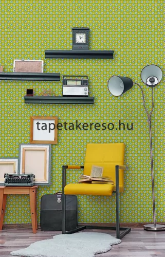 Behang Expresse Happy Living vlies anyagú mustársárga, piros, kék, fehér színű virágos, etno retro poszter