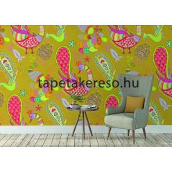   Behang Expresse Happy Living vlies anyagú mustársárga, piros, zöld, lila színű madaras, virágos, etno retro poszter