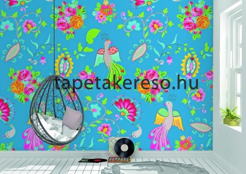 Behang Expresse Happy Living vlies anyagú kék, sárga, zöld, pink, szürke, rózsaszín színű madaras, virágos, etno retro poszter