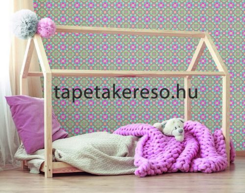 Behang Expresse Happy Living vlies anyagú barna, kék, sárga, piros, rózsaszín, zöld színű virágos, etno retro poszter