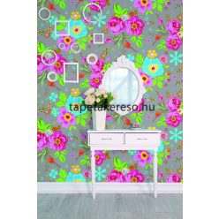  Behang Expresse Happy Living vlies anyagú szürke, zöld, rózsaszín, sárga, kék, piros színű virágos retro poszter
