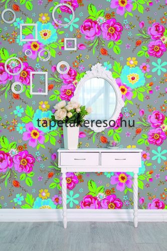 Behang Expresse Happy Living vlies anyagú szürke, zöld, rózsaszín, sárga, kék, piros színű virágos retro poszter