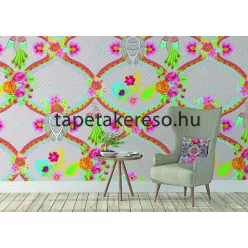   Behang Expresse Happy Living vlies anyagú szürke, zöld, rózsaszín, sárga, kék, piros, fehér színű virágos, etno retro poszter