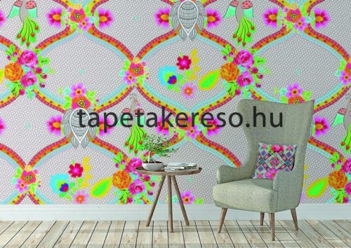 Behang Expresse Happy Living vlies anyagú szürke, zöld, rózsaszín, sárga, kék, piros, fehér színű virágos, etno retro poszter