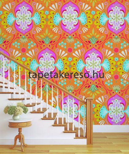 Behang Expresse Happy Living vlies anyagú narancssárga, rózsaszín, fehér, kék, piros színű virágos, etno retro poszter