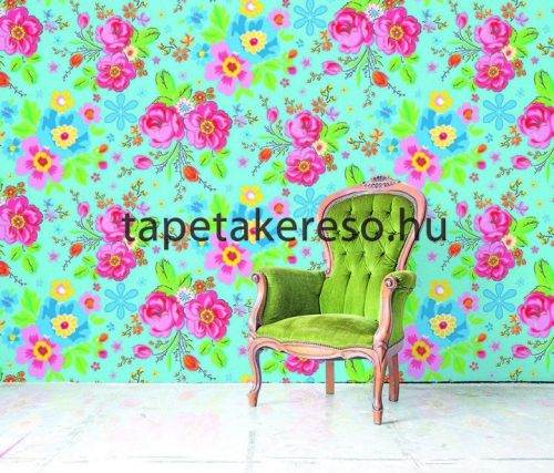 Behang Expresse Happy Living vlies anyagú kék, zöld, piros, rózsaszín, fehér, sárga színű virágos retro poszter