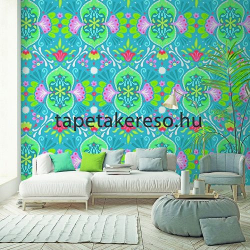 Behang Expresse Happy Living vlies anyagú kék, zöld, türkiz, rózsaszín, fehér, piros színű virágos, etno retro poszter