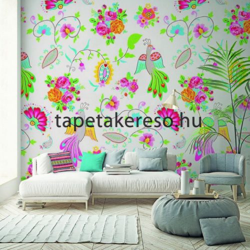 Behang Expresse Happy Living vlies anyagú fehér, sárga, zöld, rózsaszín, kék színű madaras, virágos, etno retro poszter