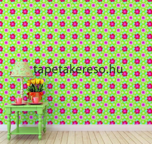 Behang Expresse Happy Living vlies anyagú kék, zöld, fehér, piros, rózsaszín, szürke színű virágos, etno retro poszter
