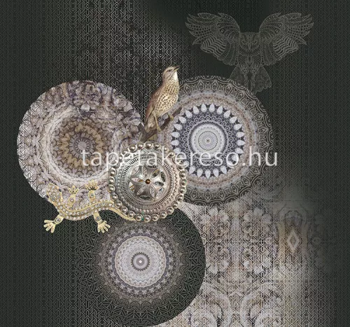 Behang Express Circle of Life vlies anyagú fekete, barna, szürke színű mandala, madaras romantikus tapéta