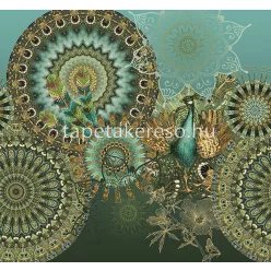   Behang Express Circle of Life vlies anyagú zöld, barna, türkiz színű mandala, madaras romantikus tapéta