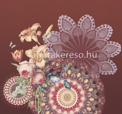 Behang Express Circle of Life vlies anyagú barna, barack, rózsaszín, zöld színű csipke, mandala, virágos romantikus tapéta